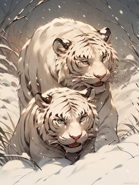 score_9, score_8_up, score_7_up, score_6_up, score_5_up,   <lora:snowXLP:1> tiger, snow, animal, white tiger, snowing,