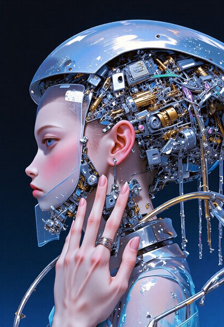 She stands as a conduit between the organic and the artificial, her glowing blue eyes reflecting the eternal tension between humanity and technology. The chrome headdress, like a crown of a forgotten future, intertwines with her being, embodying the eternal dance of power and fragility, while the pulsating circuits on her skin echo the infinite, unseen currents of life that flow through both machine and flesh. mythp0rt, Detailed hand, Hand, Perfect hand, aesthetic_pos3, dynamic_pos3, xijie_blue