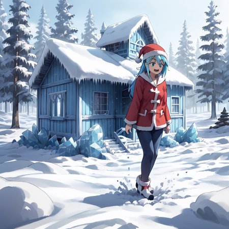 best quality, highres, high resolution, score_9, score_8_up, score_7_up, score_6_up, score_5_up, score_4_up, 1 female, aqua is wearing Santa outfit, her outfit is made of snow crystals,  (Aqua_(Konosuba):1), fr0stwrld, snow, ice, <lora:Fr0stWrld-v10:1.2> , <lora:Aqua Pony:1> ,full body, front yard of a house in snow forest, snow background, standing , anime pose, trickster face