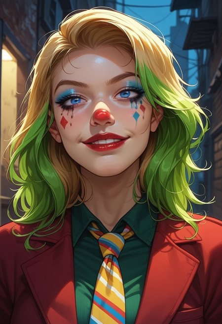 score_9, score_8_up, score_7_up, score_6_up,  rating_explicit, source_western,  Ellie Buckingham, ((Bright Blond hair)), Blond Hair, Blond Bright blue eyes. Very large breasts, torpedo breasts, humongous breasts Western Style Artwork. Bold Lines, 
joker \(dc\), (clown makeup, white face, smeared lipstick, red lipstick, facial mark, facepaint, blue makeup, red nose:1.3), upper body, solo, empty eyes, (impossible wide smile, crazy smile), half-closed eyes, staring, green shirt, collared shirt, red blazer, yellow boutonniere, loose necktie, striped necktie, multicolored hair, green hair, eerie atmospher, dark alley, complex background, night,