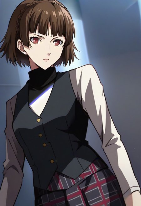 (source_anime), 1 girl, solo, nsfw, aged up, defMako, p5makoto, niijima makoto, short hair, bangs, brown hair, long sleeves, uniform, pantyhose, pleated skirt, turtleneck, plaid skirt,crown braid,uniform, black vest,