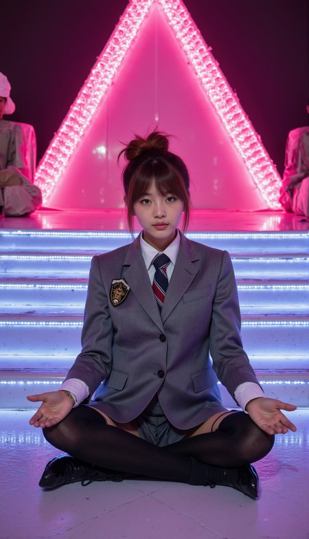 This is a high definition and detailed professional portrait photograph featuring a brown woman with dark complexion in a pose. She sits in lotus position with her hands resting on her knees, head tilted slightly to the left, and a peaceful expression. She is wearing SGWN25clothing, a formal gray school uniform with black stockings. She wears minimal makeup with a focus on glowing skin. She has red with highlights messy hair styled with bangs.  An opulent and sleek stage platform illuminated with a sophisticated blend of blue and white LED steps. At the back, a magnificent pink triangular arch adorned with brilliant pink LED lights stands tall, exuding a sense of grandeur and elegance. The entire setup radiates a mesmerizing and regal ambiance, perfect for a lavish and unforgettable event. The stage itself is sleek and clean, adding to the overall sense of refinement and sophistication.<lora:flux\fxyifu\SGWN25clothing_v1_000003000.safetensors:0.85:0.85> <lora:flux\fxchara\jz5_rank8_bf16.safetensors:0.73:0.73>