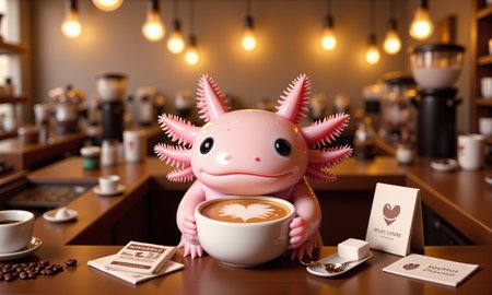 top down tilt shift image of tiny cute anthropomorphized axolotls with pink frilly gills and round black eyes,  close-up of a pink axolotl in a vintage coffee shop, holding a warm mug of cappuccino with a perfect heart-shaped foam design on top; its round black eyes are filled with warmth, and its frilly gills sway as it inhales the rich aroma; the tabletop is scattered with tiny sugar packets, a napkin, and a spoon, while the tilt-shift effect blurs the background of softly glowing Edison bulbs, exposed brick walls, and shelves of coffee beans, adding depth and a warm, comforting ambiance to the scene<lora:Axomodel_Flux_V2.safetensors:1.0:1.0> <lora:isometric.safetensors:1:1>