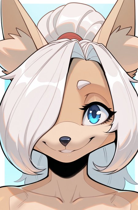 1girl, moughta, furry female, hair over eye, white hair, blue eyes, portrait, smiling, looking at viewer