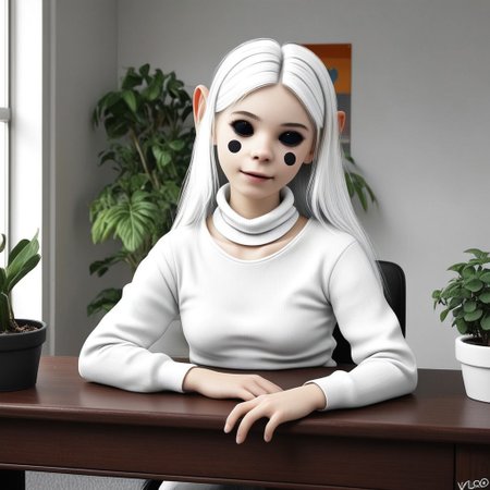 voo is an (adult female and looks about 30 years old) with a (black circle on each cheek) and ((black marbles for eyes)).She has large and tall. 
voo has Long (white_hair:2) with a metallic shine.
Voo has a (white_roll_neck_sweater).
smile. Voo is sitting in a leather chair in and office with a window. There is a plant pot with a small aloe plant on the desk Infront of voo.