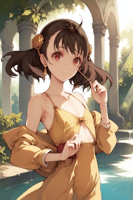 score_9, score_8_up, score_7_up, 1girl, happy, looking at viewer, hand_on_own_chest, dark brown hair, wispy_bangs, tri_tails, red eyes, flat chest, golden clothes, outdoors, vanishing point, god rays <lora:endou_okito_PonyXL_style_v01:1>