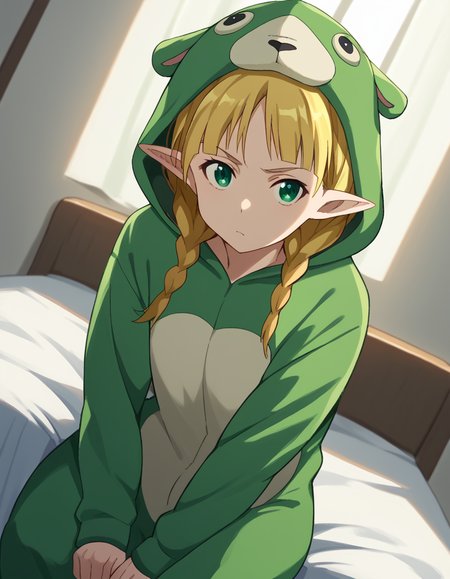 score_9, score_8_up, score_7_up, source_anime, suguhakirigaya, <lora:suguha-kirigaya-s1-ponyxl-lora-nochekaiser:1>, suguha kirigaya, long hair, blonde hair, hair between eyes, green eyes, ponytail, braid, pointy ears, twin braids,, <lora:kigurumi-ponyxl-lora-nochekaiser:1>, kigurumi, animal hood, animal costume, cosplay, rabbit costume, dragon costume, bear costume, dinosaur costume, sheep costume, cat costume, dog costume, panda costume, tiger costume,, indoors, bed, bed room, sitting, , looking at viewer, solo, cowboy shot, dutch angle