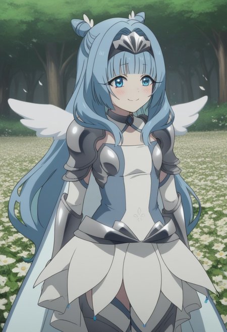 Sylphy, long hair, bangs, blue eyes, blue hair, wings, blunt bangs, hair bun, armor, hair intakes, magical girl, shoulder armor,
(nsfw), (uncensored), (score_9), score_8_up, score_7_up, source_anime, cowboy shot, dynamic pose, 1 Female, solo, happy smile joy, blush, ashamed, shy, sexy, charming, alluring, seductive, enchanting, erotic, 
((outdoors)), ((flower garden)), ((flowers)), ((many flowers)), spring petals, petals of flowers, spring, falling petals, flying butterflies,