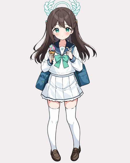 airi \(blue archive\),1girl, solo, white_serafuku, halo, white_thighhighs, white_background, white_skirt, simple_background, long_sleeves, sailor_collar, blush, green_bow, full_body, looking_at_viewer, pleated_skirt, two_side_up, white_shirt, loafers, holding_food, bowtie, school_bag, standing, zettai_ryouiki, ice_cream, brown_footwear, :o
<lora:airi_(blue_archive)_image186_2023-11-26-000030:1>halo. gorgeous,key visual, vibrant, studio anime,award-winning, professional, highly detailed,high budget, cinemascope