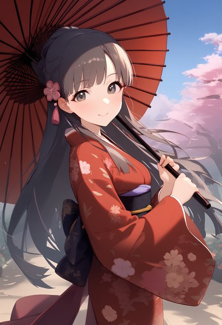 1girl,blush,floral print,kobayakawa sae,looking at viewer,obi,smile,solo,wide sleeves,breasts,holding umbrella,oil-paper umbrella,red kimono,<lora:a31_char_new_kobayakawa_sae:1>masterpiece, best quality, absurdres<lora:a31_style_koni-000010:0.8>