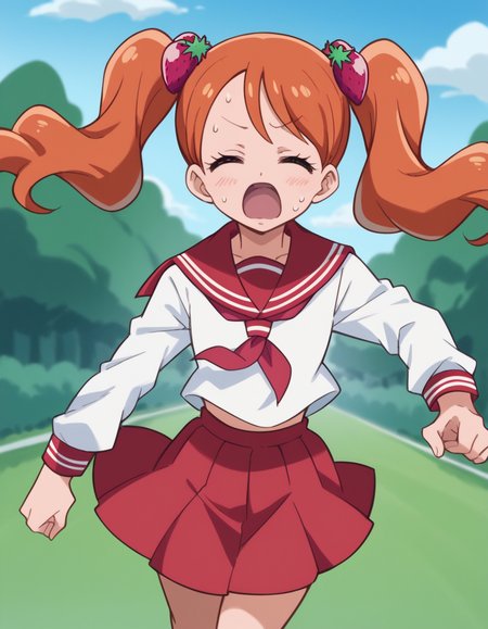 score_9, score_8_up, score_7_up, source_anime,
<lora:ichika-usami-anime-ponyxl-lora-nochekaiser:1>, ichika usami, hair ornament, twintails,
skirt, long sleeves, school uniform, serafuku, sailor collar, orange hair, red skirt, food-themed hair ornament, red sailor collar, strawberry hair ornament,
outdoors, running, sweating, open mouth, closed eyes,
looking at viewer, cowboy shot, dutch angle, solo,