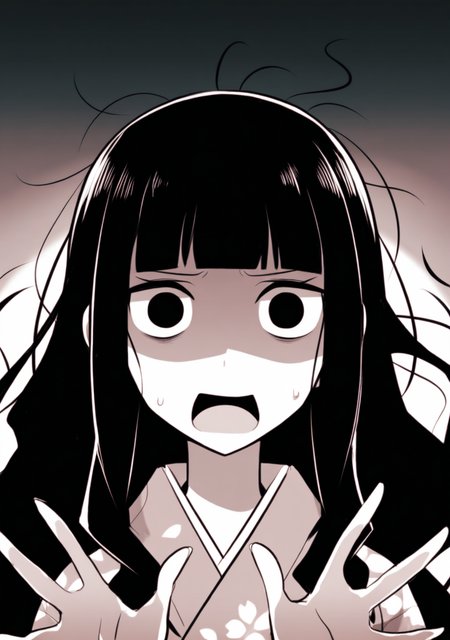 masterpiece, best quality, absurdres, perfect lighting,shiny skin,<lora:spo_sdxl_10ep_4k-data_lora_webui:0.6>,1girl,itoshiki_rin,long hair, black hair,wavy hair, blunt bangs,black eyes,<lora:itoshiki_rin:0.9>,japanese clothes,despair, shaded face, constricted pupils, monochrome, hands up, looking at viewer, open mouth, panic,front view,messy hair, open hands,