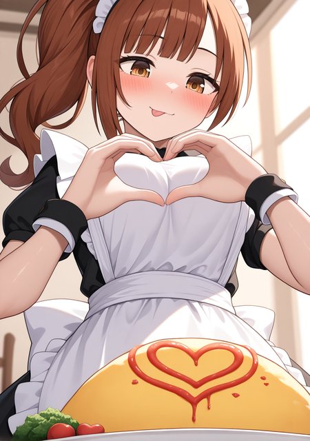 masterpiece, best quality, absurdres, perfect lighting,shiny skin,<lora:StS-Illustrious-Detail-Slider-v1.0:3>,<lora:illustrious_noobai_epsilon_pred_1_best_quality_v1:1>,1girl,igarashi kyoko,brown hair, side ponytail,brown eyes, <lora:igarashi_kyoko:1>,maid apron, maid headdress, omurice,food, heart hands,heart effects, looking down, :p,blush,