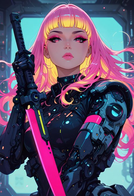 masterpiece, best quality, good quality, very aesthetic, absurdres, newest, depth of field, focused subject, in the style of cknc, 
dynamic angle, stance, 1girl, solo, long hair, flowing hair, neon hair, bioluminecent glow, parted pink lips, eyeshadow, upper body, sci-fi, looking at viewer, holding futuristic scimitar, unsheating, wind effect,
