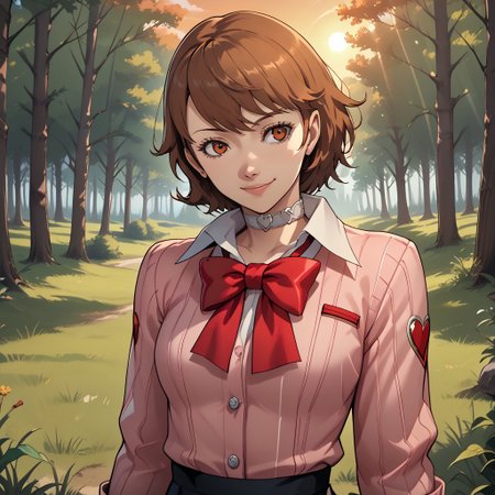 score_9, score_8, BREAK, Yukari Takeba, persona 3 reload style, brown hair, white heart choker, pink striped jacket, red bow tie, short black skirt, sexy pose, self portrait, smile, outdoors, sunlight, shadows, evening lighting, natural lighting, forest, trees, grass, orange sky, sunset