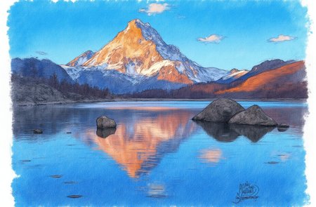 Sharp image of a rough sketch, rendered in vibrant multi colour ballpoint pen, capturing the adorable features of a landscape portait of a mountain peak reflected in a calm lake. The mountain is covered in snow and the peak is illuminated by the setting sun, casting a warm orange glow over the scene. The sky is a deep blue with a few wispy clouds scattered across it. In the foreground, there are two large rocks jutting out of the water, creating a mirror-like effect. The overall mood of the image is peaceful and serene.  p3nsk, <lora:p3nsk:1>