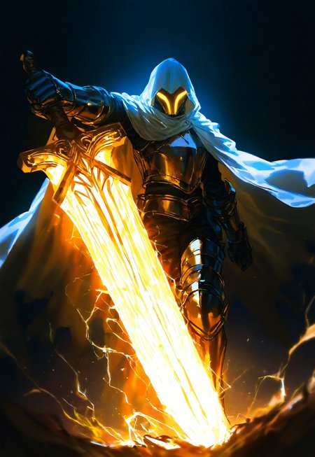 masterpiece, best quality, newest,absurdres,highres,

artist:john_kafka, artist:nixeu, artist:quasarcake,

gritty, original, 

foreshortening, perspective, dynamic angle, dynamic perspective angle, very aesthetic, Dynamic pose, top view,

A stunning, highly detailed dark fantasy full body illustration of a proud angelical warrior wearing intricate medieval white HKStyle armor and an epic white ornamented mask, holding a great golden glowing sword, golden and blue glooming eyes, very wide shoulders, wearing big gauntlets, epic composition. The warrior stands heroic with a flowing cloak and white hood during a storm with foggy gloom, thunderclouds in the background . The scene depicts him with brooding emotional agony , style by Greg Rutkowski, by Milo Manara and Russ Mills, with insanely intricate details and textures, gloomy dramatic lighting, 8K resolution