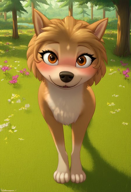 zPDXL, score_9_up, score_8_up,_7_up, score_6_up, score_5_up, score_4_up ,source_furry, best quality, amazing quality, masterpiece, 1girl, looking at viewer, solo, fullbody, cute, blush, cute pose, out doors, forest, trees, field, flowers, kate, wolf girl, golden-brown fur, brown eyes, wolf tail, wolf ears, <lora:Kate:0.8>, whisperfoot, <lora:Whisperfoot:1>, Expressiveh, good_hands, <lora:Expressive_H:0.8>, <lora:Detail_Slider_v1.4_iteration_3:4>, <lora:pony_good_hands:0.8>