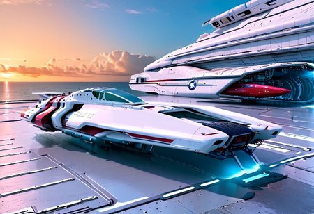 photograph, a clean hangar, door open, tropical island, ocean, beach, (smooth, sleek, neotech white and red (WipEout anti-gravity craft), (split-front:1.3), parked in a hangar):2, blue sky, sunset, sharp, high detailed, realistic, scifi, futuristic, science fiction, sharp focus, masterpiece, best quality