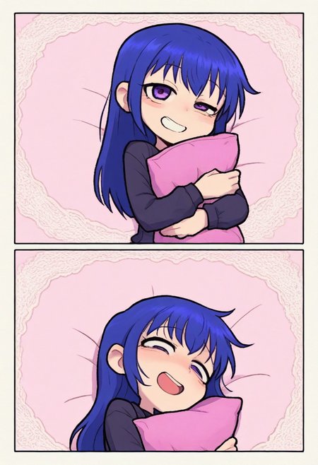 IllustriousQual, masterpiece, best quality, amazing quality, very aesthetic, absurdres, 1girl, solo, cute pattern background, border, lace background
Arin(Pangya), blue hair, bangs,purple eyes, long hair 
solo, hugging pillow,  lying, on side,, happiness, furious,  half-closed eye, open mouth,smiling , straight on,
<lora:ValbunStyle-IL:0.9> valbun,