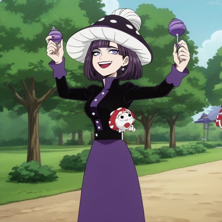 <lora:SlimesKinoko-000005:1>, slimes_kinoko,face  Aunt Lydia,woman, solo, park background, hands up, smiling
