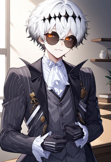 safe_pos, ((solo)), (upper body), (male), (gay), huge pecs, nipples, muscular, Expressiveh, male focus, (((:3, cat mouth))), skully, ascot, black crown, black gloves, grey hair, black jacket, buttons, crossed bangs, crown, gloves, gradient hair, multicolored hair, white hair, grey vest, hair between eyes, jacket, lapels, long sleeves, open clothes, pinstripe jacket, pinstripe pattern, pinstripe vest, orange eyes, short hair, shirt, stitches, striped jacket, striped vest, vertical-striped jacket, vertical-striped vest, white ascot, white shirt, white hair, round eyewear, sunglasses