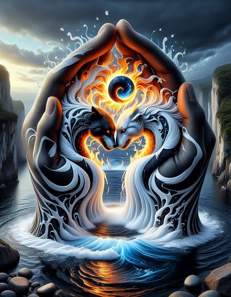 surrealist art hyperrealistic art concept art Create a surreal, highly detailed Extravagant elements of yin fire and yang breeze! Embark on a fantastic journey through the fundamental forces of nature. May they be inspired by the gentle breeze, the raging flames, the water flowing over the yin and yang on the solid earth,, fantasy and realism ,dark background<lora:luxart:1>        <lora:DANGUBA:1> . digital artwork, illustrative, painterly, matte painting, highly detailed . extremely high-resolution details, photographic, realism pushed to extreme, fine texture, incredibly lifelike . dreamlike, mysterious, provocative, symbolic, intricate, detailed