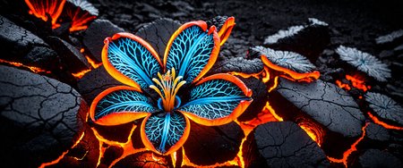 a single flower made of cracking cooling lava, luminescent glow