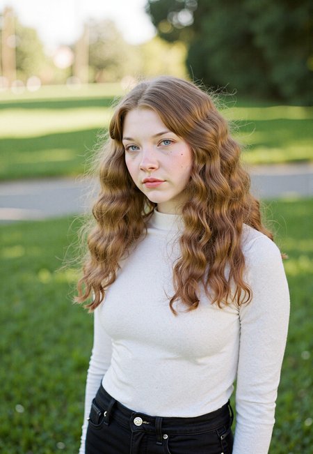 fine art photography, voluminous light-brown hair, cinematic portrait, young woman, 18yo, innocent, hourglass figure, large natural bust, narrow waist, full hips, blue eyes, soft natural lighting, analog film grain, saturated color tones, street-art, fitted shirt, fitted black pants, white sneakers, cheerful aesthetic, waist-up shot, candid expression, shallow depth of field, retro ambiance, pale skin tone, random outdoor setting, 90s, artistic composition, timeless style, vibrant atmosphere, soft focus edges, wide shot, <lora:Natalie_Dormer_Flux:1.0>