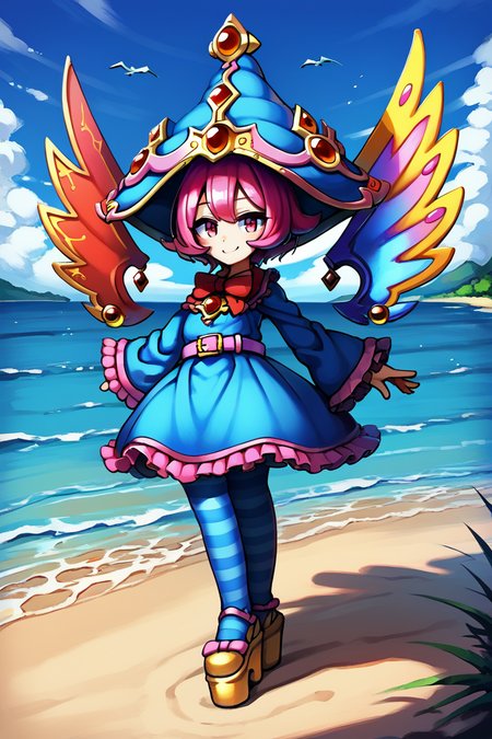 score_9, score_8_up, score_7_up, source anime, <lora:Sae:0.95> , saebase, saedef, 1girl, pink hair, short hair, pink eyes, asymmetrical wings, mismatched wings, two wings, (hat, crown hat), yellow capelet, pendant, gem, red gem, red bowtie, dress, blue dress, frilled dress, layered dress, striped, horizontal-striped thighhighs, striped thighhighs, pantyhose, wide sleeves, long sleeves, frilled sleeves, pink belt, purple ribbons, platform footwear, arms at sides, smile, looking at viewer, full body, solo, BREAK,
outdoors, exterior, day, ocean, overlook, scenery, <lora:backgroundsetXL:0.2> , background,