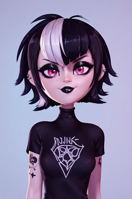 score_9, score_8_up, score_8, medium breasts, (curvy), cute, eyelashes,       BREAK, ,   ,,, <lora:GothMavis_PDXL:0.8>, zzGothMavis, black hair, white hair, makeup, short hair, black lips, multicolored hair, two-tone hair, ear piercing, eyeshadow, gothic, shirt, lipstick, tattoo, turtleneck, cross ,,, , BREAK, smile, looking at viewer, cowboy shot, ,,, embedding:zPDXL, Expressiveh, ,,, <lora:Zy0n7_PDXL:0.8>, <lora:SDXLFaeTastic2400:0.5>, <lora:Expressive_H-000001:0.4>,