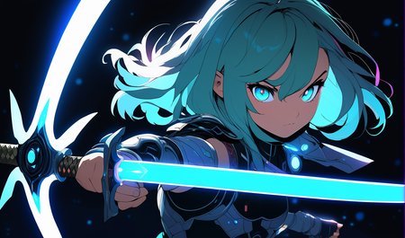 sword focus, cute, masterpiece, best quality, 1girl, solo, futuristic, intricate sword pointing down, looking at viewer, portrait, black background, simple background, glow in the dark, sci-fi, multicolored hair, aqua eyes, warrior