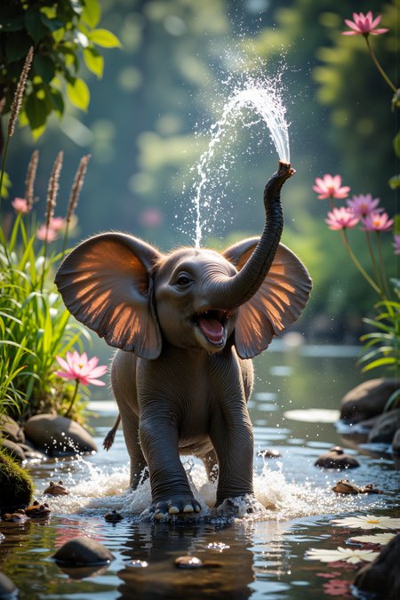 A hyper-realistic portrait, photorealistic photo close-up image of A baby elephant, with soft gray skin and oversized ears that flap with each step, splashes joyfully in a shallow pond beneath a canopy of lush, green trees. The elephantâs trunk squirts water into the air, creating a sparkling fountain that catches the sunlight and sends rainbows dancing across the scene. Nearby, a family of frogs watches from the edge of the pond, croaking in rhythm as the elephant continues to play. The pond is surrounded by tall reeds and blooming water lilies, their petals gently swaying in the breeze. The elephantâs little tail wiggles with excitement as it stomps its feet in the water, sending ripples across the pondâs surface. The air is filled with the sounds of splashing water and the happy trumpeting of the tiny elephant, creating a scene of pure, innocent joy. The baby elephant, with its playful nature and charming demeanor, brings a sense of happiness and wonder to this peaceful, natural setting. (photography, high-resolution, dynamic, energetic,hyper-realistic, dramatic lighting, shallow depth of field.), detailmaximizer, MythP0rt<lora:midjourney_whisper_flux_lora_v01:0.55><lora:aidmaMJ6.1-FLUX-V0.1:0.4><lora:FluxMythP0rtr4itStyle:0.4><lora:detailed_flux_ntc:2.2><lora:aidmaImageUpgrader-FLUX-V0.1:0.65>