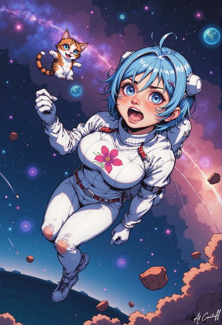 MysticComic, An astronaut girl, with vibrant blue hair, floats weightlessly in a pristine white spacesuit adorned with intricate sakura blossoms on her chest.  Her expressive, gray eyes blaze with righteous anger as she reaches out a gloved hand, yearning to grasp a small, equally suited, tabby cat suspended precariously closeby.  The cat, eyes wide with a hint of fear, clings to a loose piece of floating nebula debris.  Swirling cosmic nebulae, in vibrant hues of violet, magenta, and deep indigo, create a breathtaking, fantastical backdrop.  Numerous twinkling stars and distant planets, painted with ethereal luminescence and subtle gradients of light, illuminate the vast expanse of space.  The focus is acutely on the intensity of the girl's expression and the desperate struggle to retrieve her feline companion. Dust motes and streamers of light drift softly, caught in the boundless expanse of space, enhancing the feeling of weightlessness and the dramatic, emotionally charged moment., A digital artwork in the style of cknc,<lora:CustomFlux/MysticComic-v3.safetensors:1.0:1.0> <lora:Flux/NeurocoreAnime-cyberpunk.safetensors:0.25:0.25>