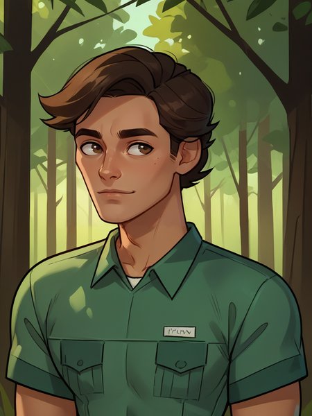 portrait of trevor_dvc man, tan skin, short dark brown hair, green shirt, dark brown eyes, forest background, <lora:Trevor_Disventure_Camp:.8>, score_9, score_8_up, score_7_up, <lora:Smooth Anime 2 Style SDXL_LoRA_Pony Diffusion V6 XL:.3>   <lora:add-detail-xl:.8>  zPDXL3,