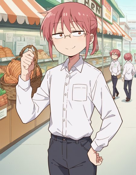 score_9, score_8_up, score_7_up, source_anime, <lora:dragon-kobayashi-s2-ponyxl-lora-nochekaiser:1>, kobayashi, ponytail, pink hair, glasses, short hair, brown eyes,, shirt, long sleeves, white shirt, collared shirt, pants, black pants, office lady,, farmers market, fresh produce, local vendors, baskets, sunny day, community, smile, , smug, hand on hips,, solo,, dutch angle,