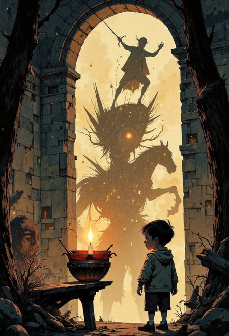 Create a beautifully detailed illustration capturing a fantastical world infused with nostalgia and shadowy intrigue. The style features clean, confident outlines with soft watercolor washes, balancing warmth and accessibility with intricate detail. The palette contrasts muted tones—warm ochres, soft reds, creamy whites—with stark, inky blacks, creating a dramatic interplay of light and shadow that evokes both innocence and mystery. The atmosphere blends vintage children’s book charm with an eerie undertone, as if balanced between reality and a shadowy dreamscape.
Characters should have naturalistic proportions and subtle expressiveness, their features gently exaggerated to reflect curiosity, resilience, or vulnerability. Dynamic shadow puppet figures may emerge in the background, their silhouettes adding to the narrative and reinforcing the duality of light and shadow. The focus will be on a specific subject—A tight close-up focuses on Henry’s trembling hand as he holds a flickering candle, the shadows it casts growing into colossal puppet figures on the walls of a crumbling tower. The figures clash and morph into a battle scene, their sharp movements mimicking the chaotic tremble of the flame—carefully integrated into the scene. The composition is grounded yet surreal, seamlessly merging whimsical simplicity with haunting, thought-provoking detail to invite wonder and introspection.