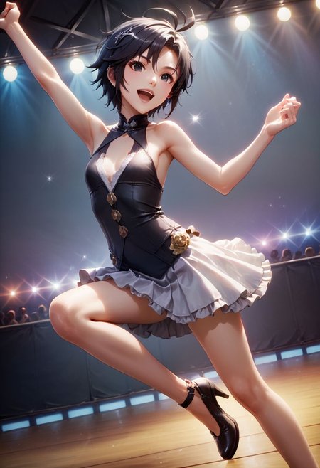 score_9,score_8_up,score_7_up,score_6_up,source_anime, <lora:Worldly_XL:1> (rock concert:1.6),
1girl, solo, full figure, dynamic pose, singing, dancing, <lora:KikuchiMakoto_pony_v1:0.9> kikuchi makoto, kkcmkt, short hair, black hair, antenna hair, hair between eyes, black eyes, flat chest, small breasts,  (idol clothes, long legs:1.2), delicate strappy heels,
hands, <lora:detailed_hands:1.05>
<lora:HandFineTuning_XL:0.55>
<lora:loraeyesxl:0.65>
zPDXL, zPDXL-neg