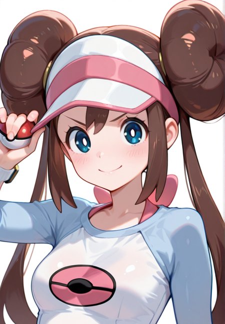 masterpiece, best quality, amazing quality, very aesthetic, absurdres,  newest, detailed background,
rosa, 1girl, solo, long hair, looking at viewer, blush, smile, blue eyes, shirt, brown hair, hat, holding, bow, closed mouth, twintails, collarbone, upper body, sidelocks, hand up, hair bun, v-shaped eyebrows, eyelashes, double bun, white headwear, pink bow, bright pupils, white pupils, watch, poke ball, visor cap, hand on headwear, wristwatch, poke ball (basic), holding poke ball, raglan sleeves, poke ball print, poke ball symbol, doughnut hair bun
<lora:Rosa_-_Pokemon_Illustrious:1>