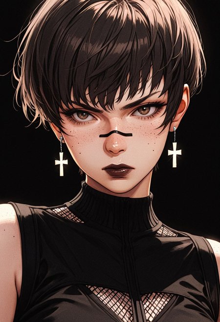 amazing quality, newest, absurdres, realistic, white background,  (monochrome:0.8), hatching \(texture\),  vivid colors, 
1girl, solo, woman,  serious, brown hair, short hair,  pixie cut,  freckles, brown eyes, dark lipstick, dark eye-shadow, (((black line across bridge of nose and cheeks)))
 perfect skin, spotless skin, 
silver cross earrings, (black mesh  crop top),
(((black background))),  neon glow
face focus