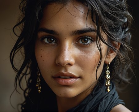Close-up portrait of the eyes of a gypsy girl (Anna Dittmann features), in profile, wavy black hair, loose and messy hair, strands on the face, wind, hyper-detailed black eyes, direct gaze, dark skin, straight nose, lips fleshy, (open mouth: 0.5), (smile: 1), long face, black scarf around the neck, earrings, fashion style, (Steve McCurry, Herb Ritts, Mario Sorrenti), jasmine, musk, sensuality, tones earth, dark Venetian stucco wall background, studio posture, side light, high contrast, photographic quality, 4K