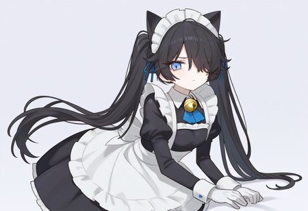 (Maid-kasli), solo, white gloves, dress, hair over one eye, maid apron, blue eyes, twintails, cat ears, maid headdress, maid, gloves, 1girl, apron, juliet sleeves, long sleeves, long hair, black hair, animal ears, bell,(Fall down),