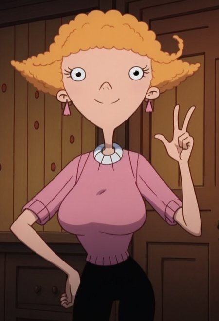 ((room background)),score_9, score_8_up, score_7_up,score_6_up, 
1girl, Solo, SuzieK_HA, light skin, black eyes, blonde hair, medium fluffy hair, pink triangular earrings, pink short sleeve sweater, white collar, black tight pants, red flat shoes, cute, tall, social smile, perfect eyes, perfect smile, looking at the viewer, detailed eyes, perfect eyes, standing, big breasts (front pose, bust shot) five fingers, perfect hands, (hand on hips, hand up)