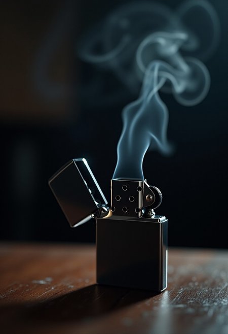 close-up shot of a Zippo lighter standing on a dark wooden table, dramatic low lighting, reflections on the metal surface, shallow depth of field, subtle smoke rising from the open lid, cinematic composition, ultra-photorealistic texture details, bokeh background --style photorealistic --ar 3:4 --v 5