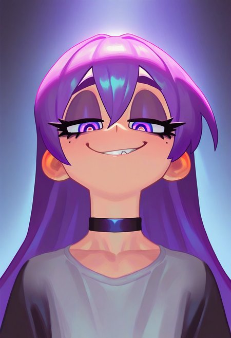 ZolicPSTL_ST, masterpiece, best quality, very aesthetic, high resolution, ultra-detailed, absurdres, newest, extremely detailed eyes, beautiful, perfect lighting, hi res, amazing quality, very awa, Brightly Lit, Highly Visible, 8k, sharp focus, beautiful, perfect lighting, volumetric lighting, scenery, painting_(artwork), 1girl, female, solo, upper body, looking at viewer, smug, smirk, smile, long hair, purple hair, goth, choker, blurred background