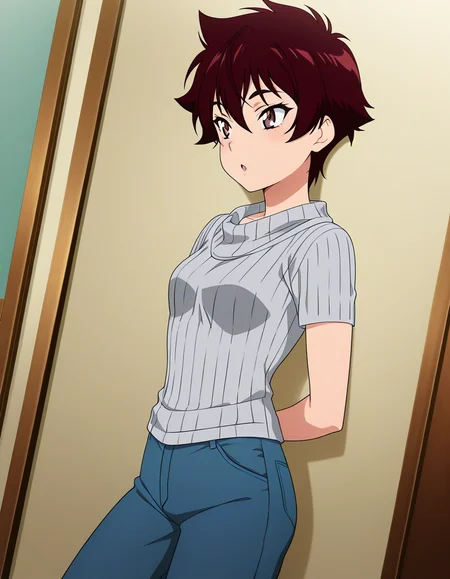 masterpiece,best quality,absurdres,official art,official style,source_anime,anime screencap,anime coloring,
1girl, solo, tomboy, dark red hair, brown eyes, middle breast, 
<lora:drapefuku_IL:1>,drapefuku, grey shirt, thin ribbed shirt, short sleeves, denim, pants, 
looking at another, cowboy shot, :o, dutch angle, 
indoors, closed mouth, arms behind back,