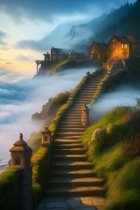 masterpiece, high quality, 4k, An old stone staircase leading down to the pier of a small coastal village, early morning, shrouded in fog,