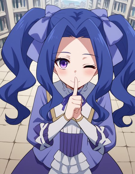 score_9, score_8_up, score_7_up, source_anime, <lora:melty-q-melromarc-s1-ponyxl-lora-nochekaiser:1>, melty q melromarc, long hair, ribbon, twintails, blue hair, purple eyes, hair ribbon, purple ribbon, parted bangs,, long sleeves, dress, frills, ribbon trim, purple dress,, Man-made, architecture, structures, civilization, urban, , <lora:shushing-ponyxl-lora-nochekaiser:1>, shushing, finger to mouth, index finger raised, from above, library, smile, blush, one eye closed, dutch angle,, looking at viewer, solo,, dutch angle, cowboy shot