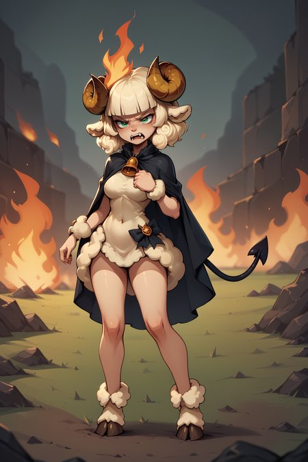 score_9, score_8_up, score_7_up, BREAK 1girl, solo,  <lora:NSWeresheepMGE:1> NSWeresheepMGE, green eyes, medium hair, blunt bangs, sheep horns, sheep ears, cloak, fangs, angry, demon horns, demon tail, fire, hell, hooves