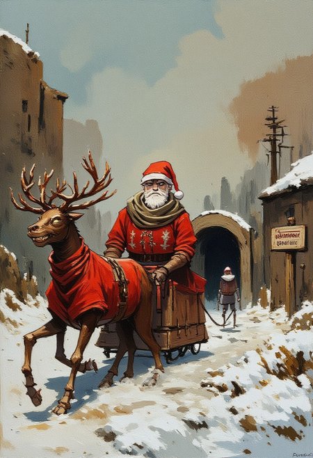 Oil painting With rough brushstrokes but a clear Style showing a Weird Monster instead of Reinders Wearing christmas-sweaters pulling Santa claus's sled. Weird but festive Mood, There ist a Bunker Like entry With a sign next to it. The sign reads, "Santas realm, keep Out or HoHoHo"